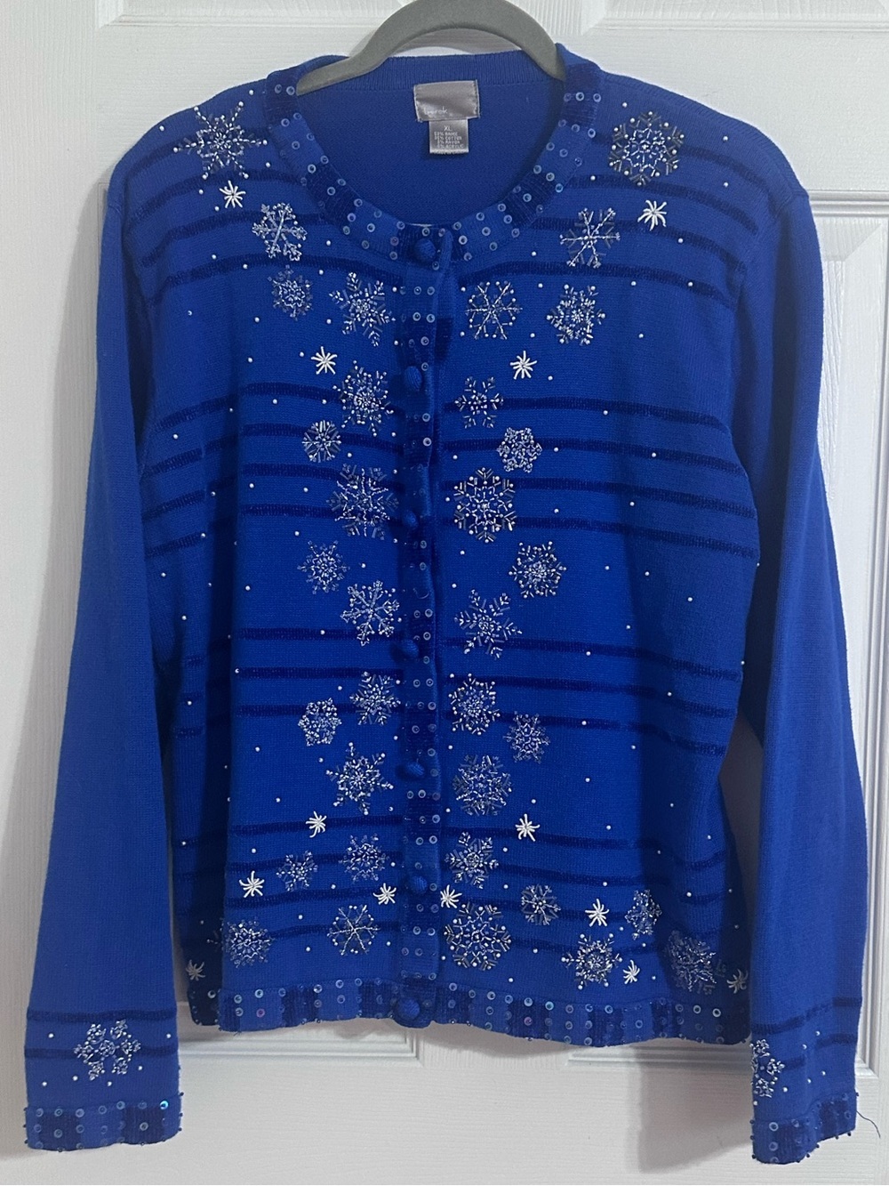 Berek Beaded Snowflake Cardigan Sweater Royal Blue Holiday Christmas XL
